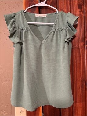 Sage Ruffle Sleeve V-Neck Women's Blouse